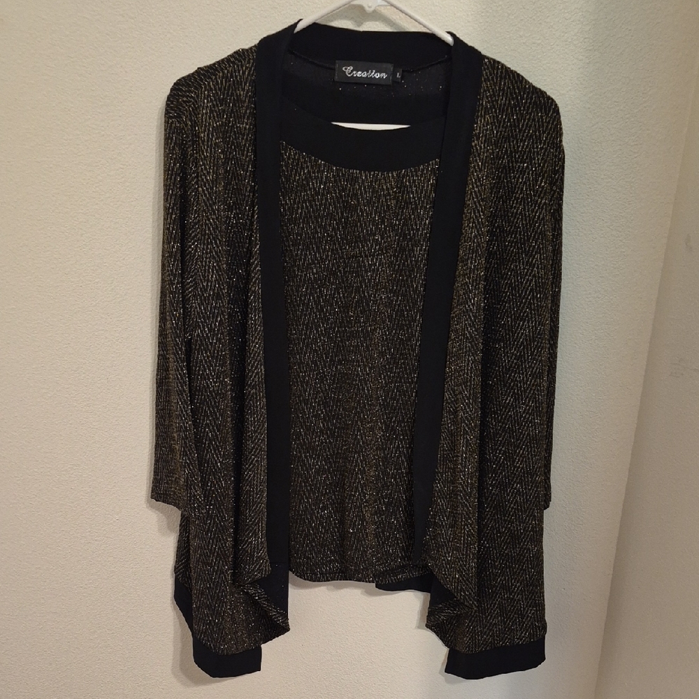 Creslan Open-Front Gold & Black Metallic Cardigan